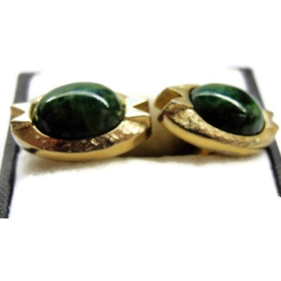 Shields Marbled Green & Gold-Tone Oval Cufflinks Tux Shirt Vintage Wedding - Picture 11 of 11